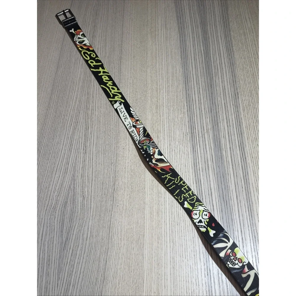 Ed Hardy Men Reversible Belt 42 Black Tattoo Skull Live to Ride Bonded Leather